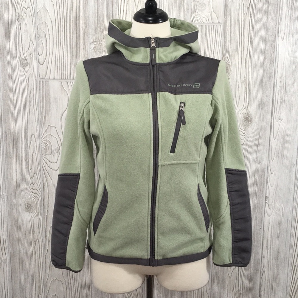 Free Country Colorblock Fleece Hooded Jacket Women's S Sage Green Charcoal